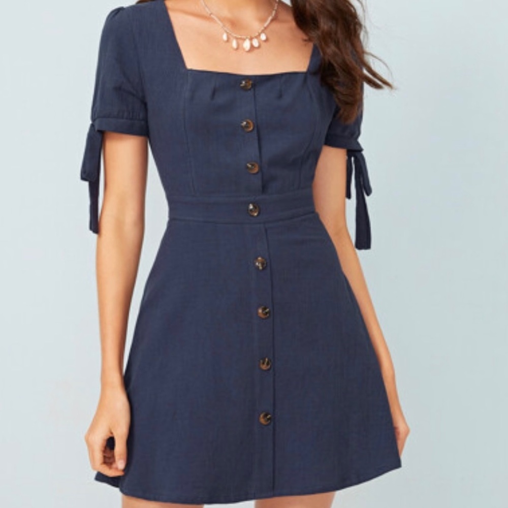 Navy Blue Chambray Mini Dress with Bow Sleeves & Button Front - Size L